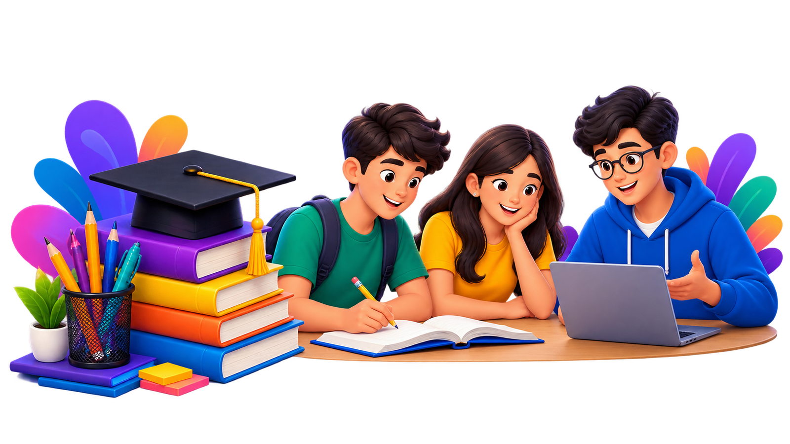 Students learning together with books and a laptop